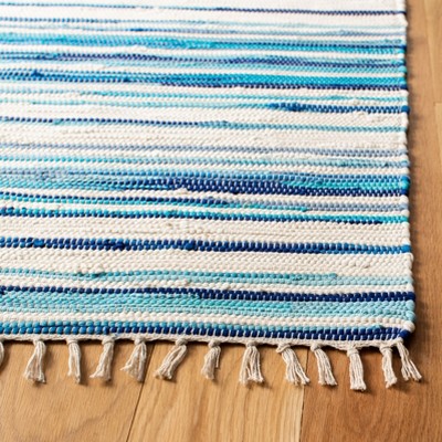 Ivory & Blue Striped Hand-Woven Cotton Area Rug - 3' x 5'