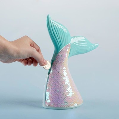 Seafoam Ombre Reversible Sequin Mermaid Tail Porcelain Piggy Bank