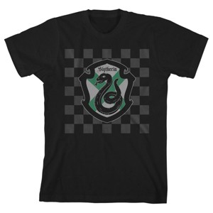 Harry Potter Slytherin Shield on Checkered Background Black T-shirt Toddler Boy to Youth Boy - 1 of 1