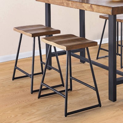Rustic Saddle Style Brown Wood and Metal Counter Stool, 25" Height