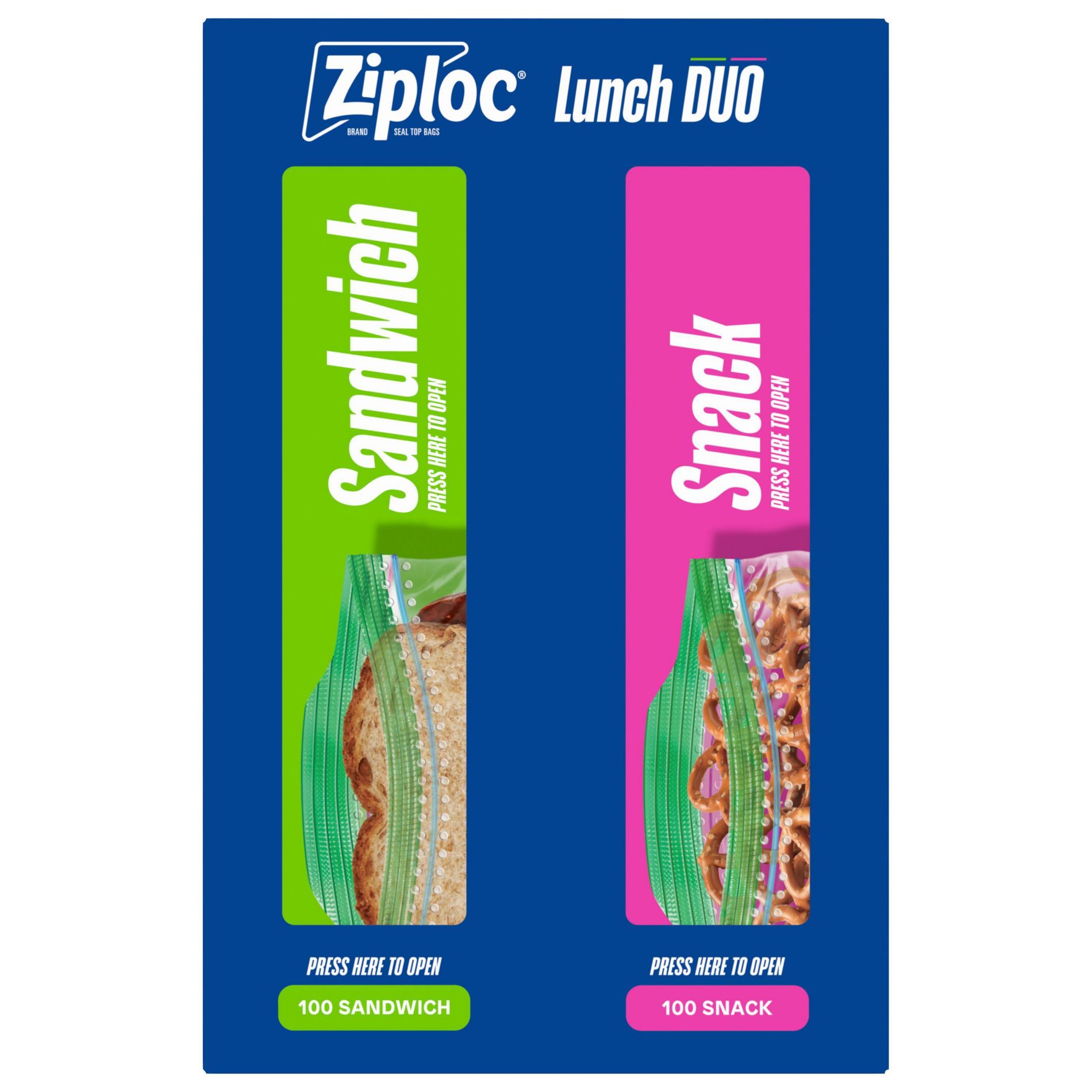 Ziploc Lunch Duo Sandwich Snack: Seal Lock, Plastic, 200-Pack, 6.5"x5.875"