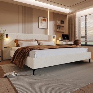 KWPZQEB Queen/King Size Chic Boucle Bed Frame with Integrated Lights, Modern Bed Frame with Upholstered Headboard & Shelves, No Box Spring Required - 1 of 4