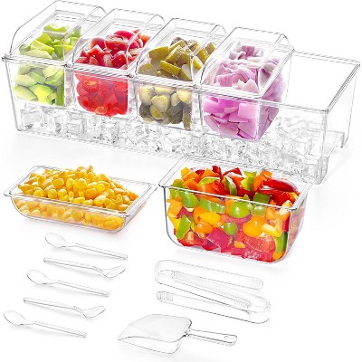 Attop Bar Serving Set for Party with 5 Containers(2.5 Cup) & Components, Large Ice Chilled Condiment Caddy Organizer