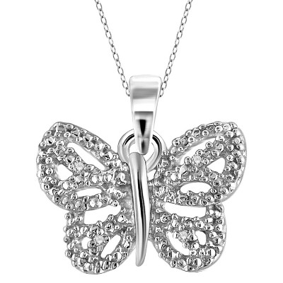 Women's Sterling Silver Accent Round-Cut White Diamond Pave Set Butterfly Pendant - White (18")