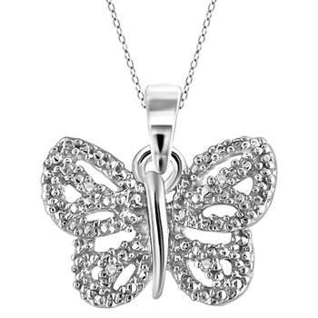 Women's Sterling Silver Accent Round-Cut White Diamond Pave Set Butterfly Pendant - White (18")