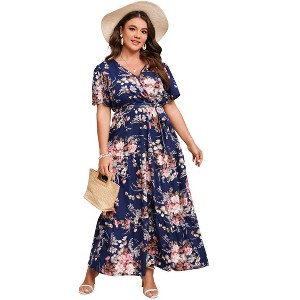 BLUEMING Plus Size Womens Dresses Floral Surplice A-Line Maxi Dress Waist Belted Floral Maxi Dress Wasit Tie Bell Sleeve Dress - 1 of 4