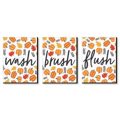 Big Dot of Happiness Fall Pumpkin - Halloween or Thanksgiving Kids Bathroom Rules Wall Art - 7.5 x 10 inches - Set of 3 Signs - Wash, Brush, Flush