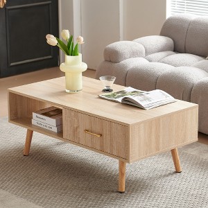 KTMBDW Modern Coffee Table with Storage, Wood Coffee Table for Living Room, Open Storage Area and  Sliding Drawers with Metal Handles - 1 of 4