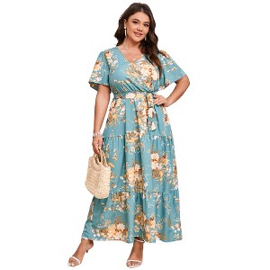 Whizmax Plus Size V Neck Wrap Maxi Dress for Women High Waist Short Sleeves Casual Floral Summer Dress with Belt - 1 of 4