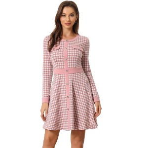 INSPIRE CHIC Women's Houndstooth Plaid Contrast Color Crew Neck Button Front Elegant A-Line Dress - 1 of 4