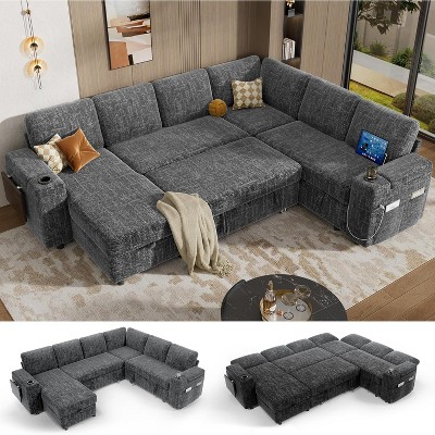 Dyonery 110" Modular Sectional Sleeper Sofa: L-Shaped, 7-Seat Chenille, Pull-Out Bed, USB Ports, Cup Holders, Storage Chaise, Tool-Free Setup