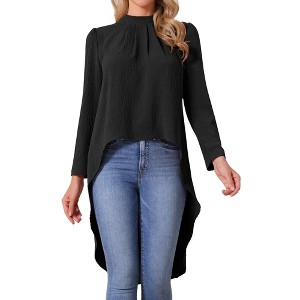INSPIRE CHIC Women's High Low Long Sleeve Back Keyhole Round Neck Asymmetrical Hem Dressy Casual Blouse - 1 of 4
