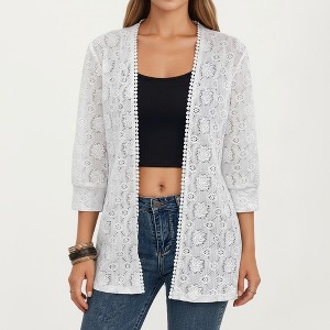 Anna-Kaci Women's 3/4 Sleeve Open Front Lace Cardigan with Floral Crochet Detailing - 1 of 4