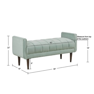 Pistachio Green Velvet Upholstered Channel Bench with Dark Wood Legs