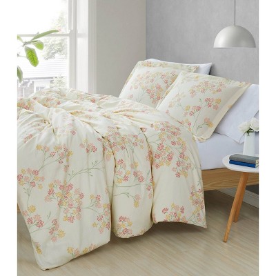 Ivory Floral Cotton King Comforter Set with Shams
