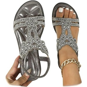 Clotth Women's Floral Flat Sandals - Elastic Strap for Summer Beach, Sparkling Jeweled Bohemian Flats,Sandals with Non Slip Shoes - 1 of 4