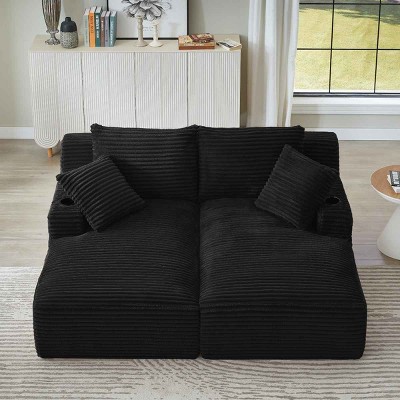 Double Chaise Lounge with Cupholders, Sleeper Loveseat with Spring-Padded Seats, Upholstered Corduroy Chaise Lounge-Coolbibila