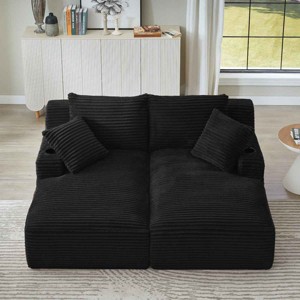 Double Chaise Lounge with Cupholders, Sleeper Loveseat with Spring-Padded Seats, Upholstered Corduroy Chaise Lounge-Coolbibila - 1 of 4
