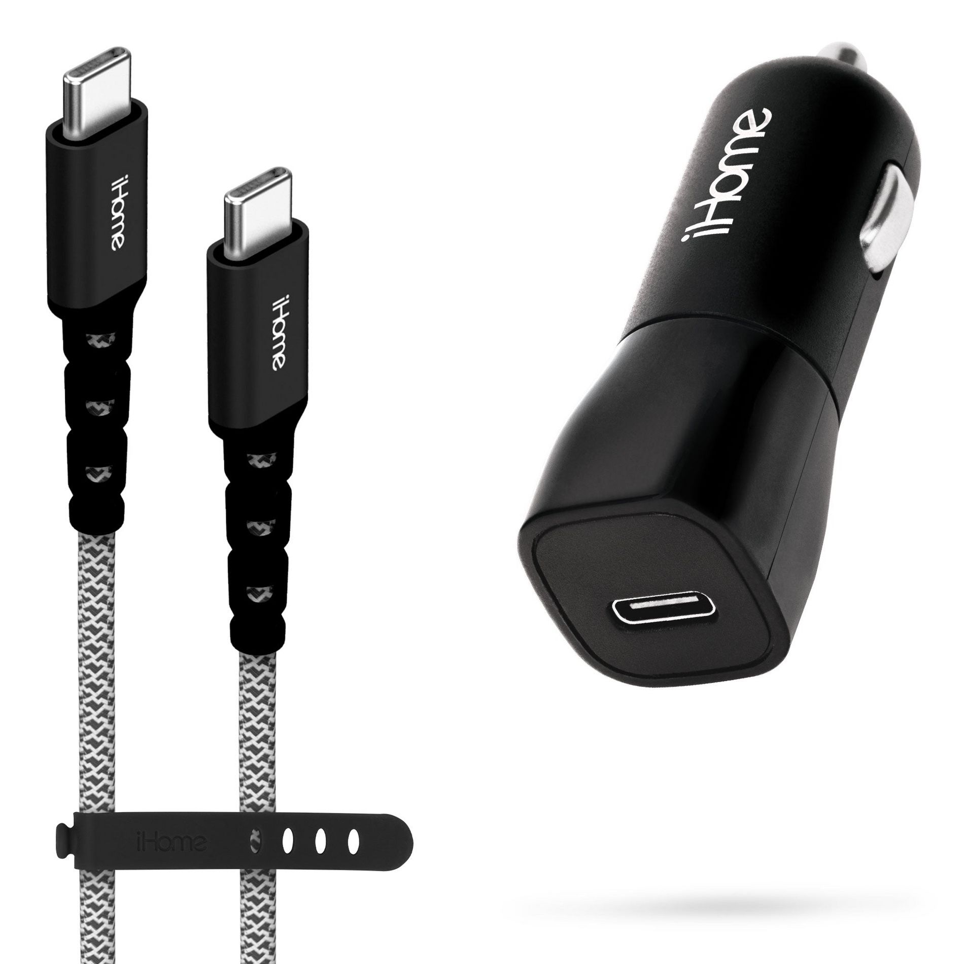 iHome 18W USB-C Car Charger with 3Ft USB-C to USB-C Cable and Silicone Tie for Easy Storage