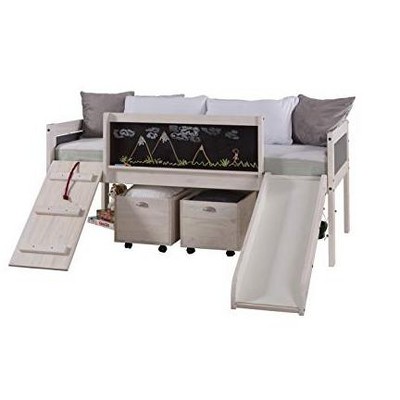 White Wash Pine Twin Loft Bed with Toy Boxes and Slide