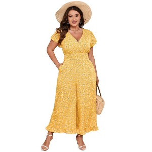 Clearlove Plus Size Loose Jumpsuits for Women Casual Wide Leg Pants Floral Jumpsuits Short Sleeve One Piece Outfit - 1 of 4