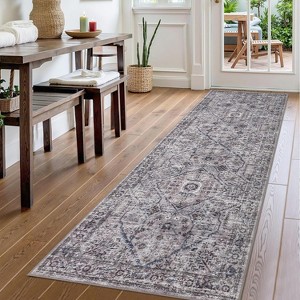 Washable Boho Vintage Runner Rug, Soft Low Pile Non-Slip Carpet for Hallway, Kitchen, Entryway, Neutral Retro Pattern - 1 of 4