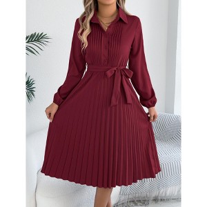 Spring Dress for Women Long Sleeve Ruffle Belted Pleated Dresses with Turn  Down Collar,Claret,Small : Target
