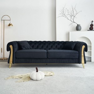 84.25'' Velvet Chesterfield Sofa with Tufted Back, Gold Metal Legs and Pocket Spring Cushions - 1 of 4