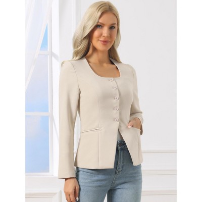 Женские пиджаки INSPIRE CHIC Women's Button Down Scoop Neck Split Hem Business Casual Work Fitted Blazer Medium Black — фото 4