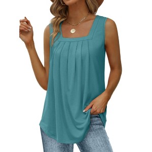 Women's Tank Tops Loose Fit Pleated Square Neck Sleeveless Tops Shirts Curved Hem Summer Outfit - 1 of 4