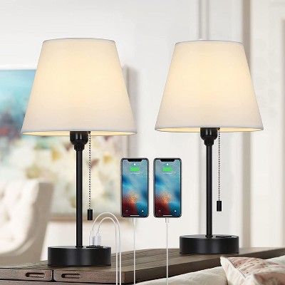 Oumilen Black Metal Table Lamp with White Shade, USB Ports and AC Outlet, Set of 2