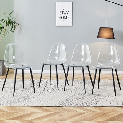 Modern minimalist transparent dining chair, set of 4 pieces, black metal legs