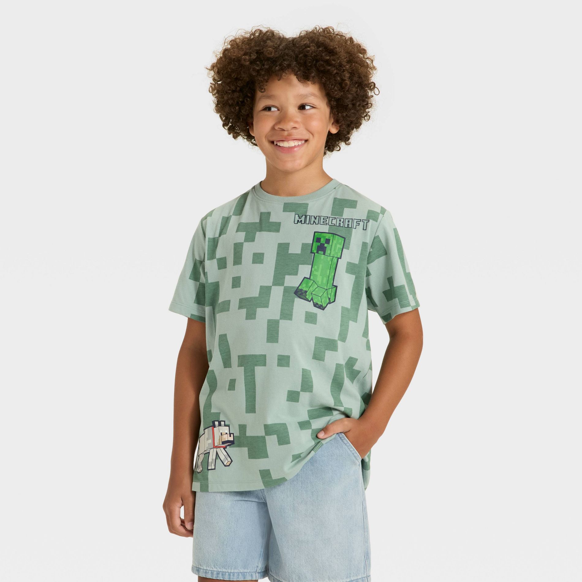 Boys' Minecraft Creeper and Dog Short Sleeve Graphic T-Shirt - Sage Green L