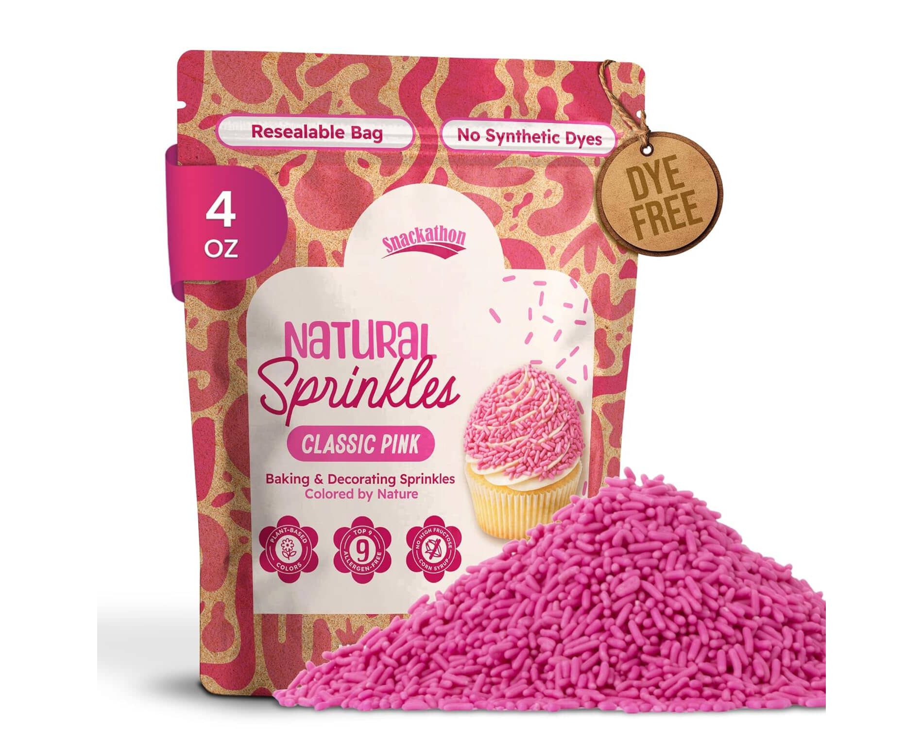 Snackathon Natural Dye-Free Pink Sprinkles for Baking & Decorating (Jimmies) Pink 4 Ounce