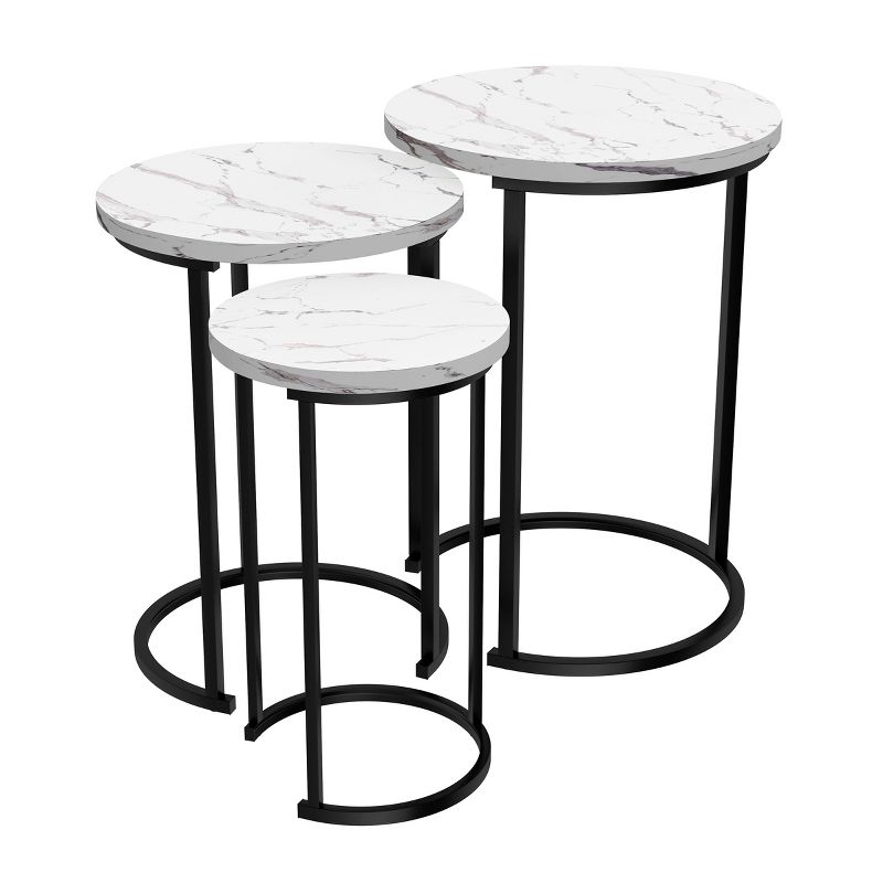 Hasting Home Set of 3 Round Living Room End Tables – Modern Faux Marble Top and Black Metal Base Nesting Tables or Nightstands, 2 of 9
