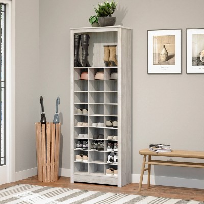 Washed White Tall Wood Wall Mounted Shoe Cabinet