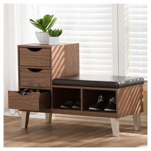 Arielle Modern and Contemporary Wood 3 - Drawer Shoe Storage Padded Leatherette Seating Bench with Two Open Shelves - "Walnut" Brown - Baxton Studio - 1 of 4