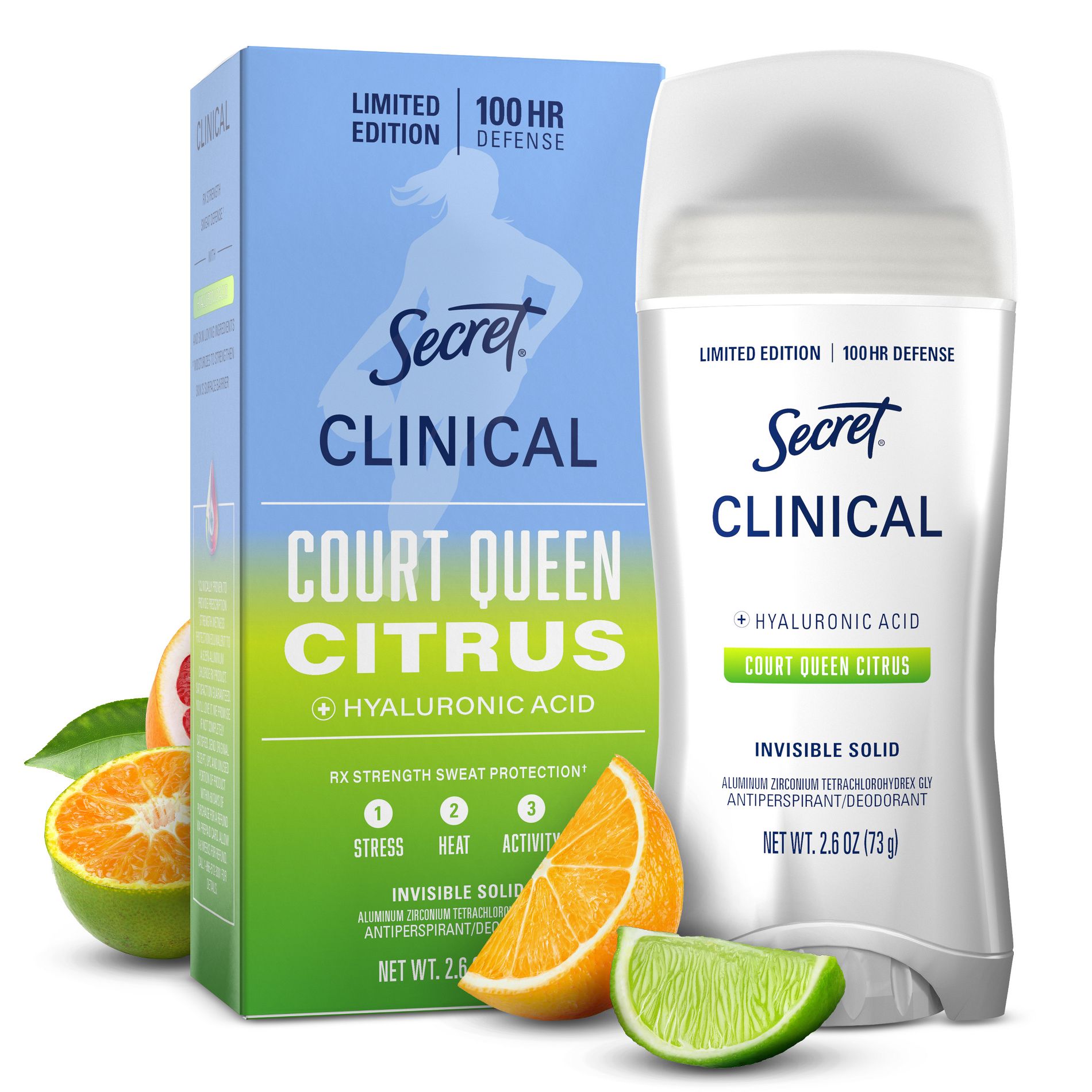 Secret Women's Clinical Strength 100HR Hyaluronic Acid Invisible Solid Antiperspirant Deodorant - Court Queen Citrus - 2.6oz