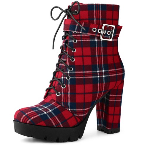 Perphy Women s Platform Lace Up Chunky Heel Plaid Printed Ankle Boots Red 6 Target