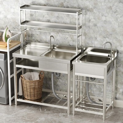 63" Freestanding Stainless Steel Outdoor Utility Sink with Storage Shelves