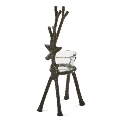 TAG Christmas Rustic Aluminum Reindeer Tealight Candle Holder Short, 10 inch