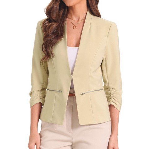 Allegra K Women's 3/4 Sleeve Zipper Pockets Collarless Blazer Apricot Medium