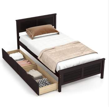 Tangkula Twin Size Wooden Bed Frame with 2 Storage Drawers & Under-bed Storage Espresso