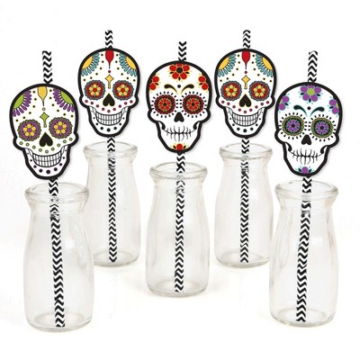 Big Dot of Happiness Day of the Dead - Paper Straw Decor - Sugar Skull Party Striped Decorative Straws - Set of 24