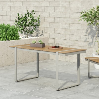 62'' Rectangle Wooden Slat Tabletop Outdoor Dining Table for 4,Aluminum Frame Backyard Garden Dining Table,Rectangular Patio Table-Coolbibila