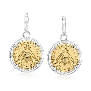 Ross-Simons Italian Replica Lira Bee Coin Drop Earrings in Sterling Silver and 18kt Gold Over Sterling - 1 of 4