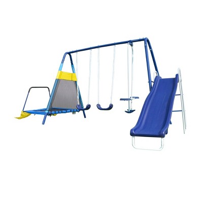 Sportspower Almansor Metal Swing, Slide, and Trampoline Set - Blue/Yellow