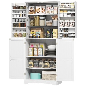 Farmhouse Kitchen Pantry, 72" Tall Pantry Cabinet with 4 Barn Doors, 4 Adjustable Shelves and 8 Door Shelves Wash - 1 of 4