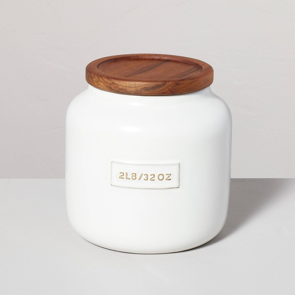 Photos - Food Container 32oz Dry Goods Stoneware Canister with Wood Lid Cream/Brown - Hearth & Han