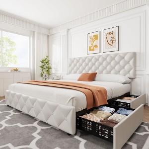 Faux Leather Upholstered Bed Frame with 4 Storage Drawers, Adjustable Diamond Tufted Headboard, No Box Spring Needed - 1 of 4